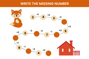 Mathematical educational game for children. Complete the series and insert the missing numbers. Solve the equation and help the fox find the house. Educational cards for children