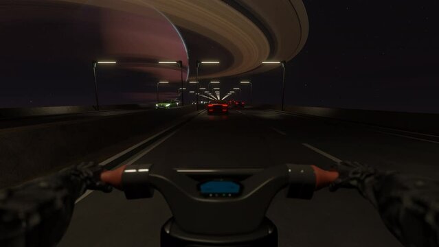 A motorcycle rides along a space highway, synthwave style.