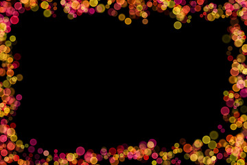 Bokeh lights effect on Pink, Purple, Orange, Yellow color, Black Background, Frame, Abstract Blur, Glitter, Defocused, Seamless polka dot pattern , Creative, Illustration design
