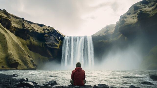 Backpacker standing in front of waterfall in Iceland