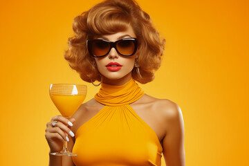 Woman in yellow dress holding wine glass and wine glass. - obrazy, fototapety, plakaty