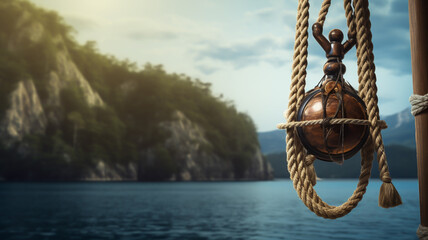 Fototapeta premium Scenic boat pulley with rope against nautical backdrop