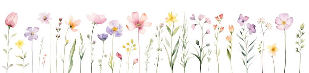 Watercolor wild flowers isolated on transparent background. 