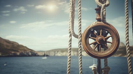 Scenic boat pulley with rope against nautical backdrop - obrazy, fototapety, plakaty