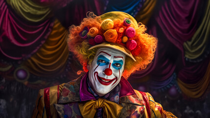 Clown with hat and clown makeup on his face and red wig.