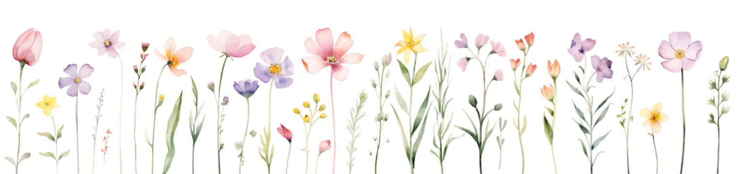 Watercolor wild flowers isolated on transparent background. 