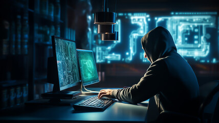 Hacker with hoody behind laptop or computer monitor, concept of cyber security and data network protection