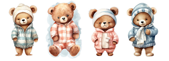 Collection of PNG. Cute bear wearing pajamas. watercolor illustration isolated on a transparent background. - obrazy, fototapety, plakaty