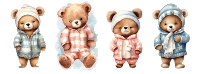 Foto op Aluminium Collection of PNG. Cute bear wearing pajamas. watercolor illustration isolated on a transparent background. © morepiixel