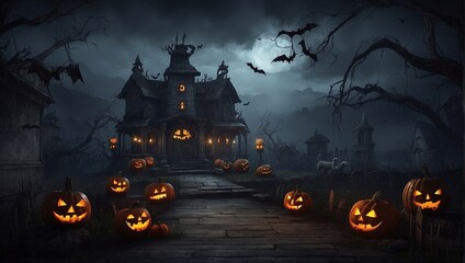 Fototapeta na wymiar happy dark halloween background with pumkins