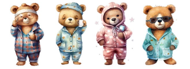 Fotobehang Collection of PNG. Cute bear wearing pajamas. watercolor illustration isolated on a transparent background. © morepiixel
