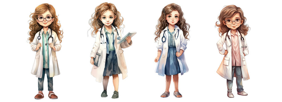 Collection of PNG. Young girl dressed up as doctor, watercolor illustration. Cute little doctor character for children's illustration book isolated on a transparent background.