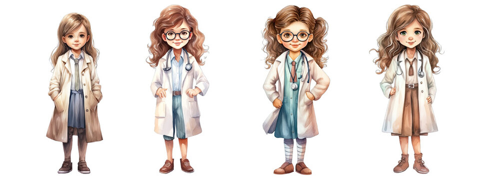 Collection of PNG. Young girl dressed up as doctor, watercolor illustration. Cute little doctor character for children's illustration book isolated on a transparent background.