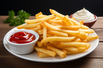 french fries and dip on a dark wood table