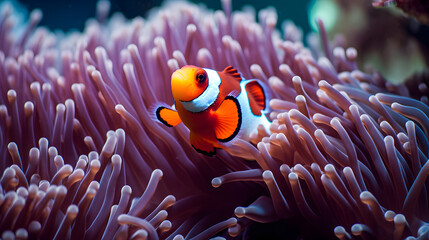 Clown anemonefish Clown anemone fish in the nest is pink - obrazy, fototapety, plakaty