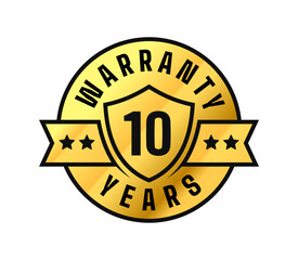 10 years warranty. Shield, stars, ribbon circle gold label. For icon, logo, seal, tag, sign, symbol, badge, stamp, sticker, etc. Vector