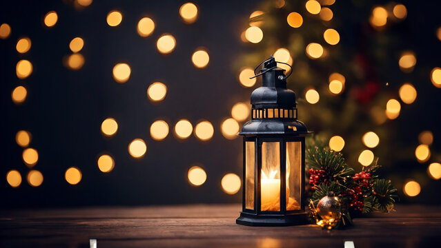 a lit lantern sitting on top of a wooden table, a stock photo  Menges, pixabay contest winner, neo-romanticism, flickering light, glowing lights, bokeh