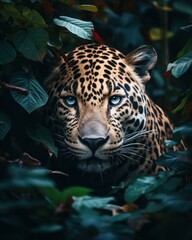 An intimate and powerful shot of a leopard peeking through vibrant green foliage, showcasing its natural habitat