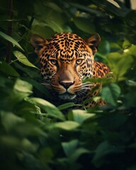 A captivating leopard gazes forward, nestled amidst the lush green foliage of the jungle