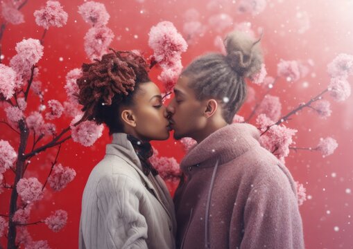 Romantic moment captured as couple shares a kiss surrounded by beautiful cherry blossoms and snow