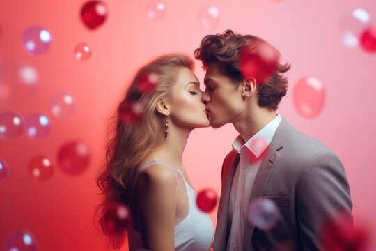 A captivating image of a young couple in a serene kiss, surrounded by a fairy-tale array of shining bubbles