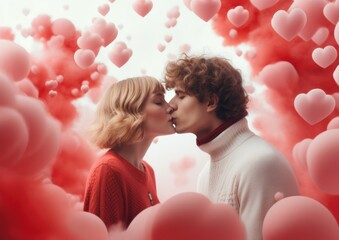 A heartwarming scene captures a romantic kiss between a couple surrounded by floating heart balloons in pink mist
