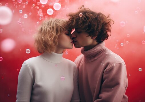 Young couple in pastel sweaters on a dreamy date with floating bubbles around, about to kiss