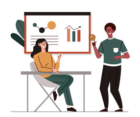 Office scene concept. Teamwork, colleagues and partners. Financial occupation. Man and woman with graphs and diagrams, charts. Cartoon flat vector illustration isolated on white background