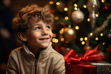 Generative AI happy child decorated christmas tree christmas gifts festive indoor living room magic