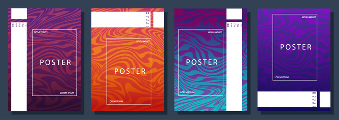 Colorful modern posters set. Trendy orange and violet patterns. Futuristic and cyberspace. Flyer, booklet and leaflet. Cartoon flat vector collection isolated on dark background