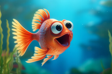 cartoon illustration of a cute fish smiling - obrazy, fototapety, plakaty