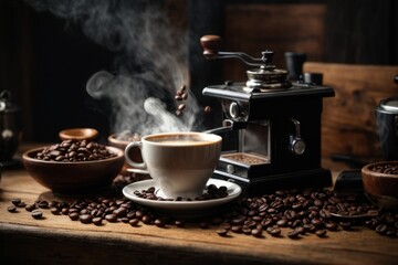 Close-up of a cup of hot fresh steamed coffee, grains, an antique coffee machine on an atmospheric vintage wooden background.