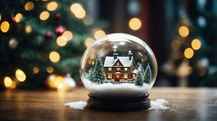 Fototapeta na wymiar glass ball with a miniature house and snow inside