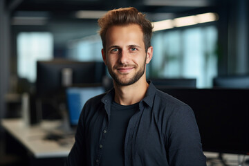 Obraz premium Generative AI conceptual portrait of successful business person man woman hacker programmer in office