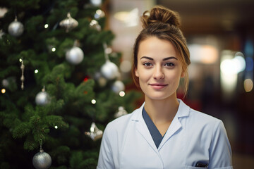 Obraz premium Generative AI photo of beautiful woman doctor wear uniform in new year night