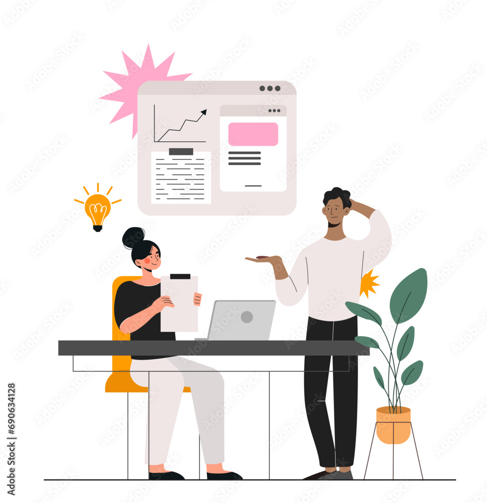 Poster design studio scene concept. man and woman with ui and ux design for mobile application or website. 