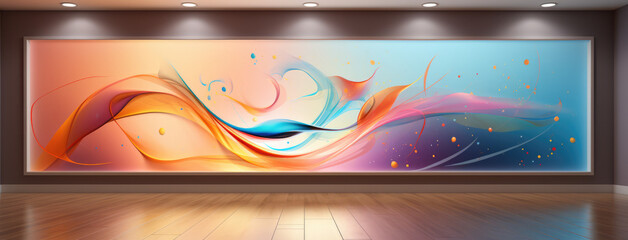 A vibrant abstract mural spanning across large canvas in a modern gallery setting.
