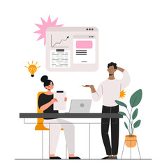 Design studio scene concept. Man and woman with UI and UX design for mobile application or website. Colleagues and partners. Cartoon flat vector illustration isolated on white background