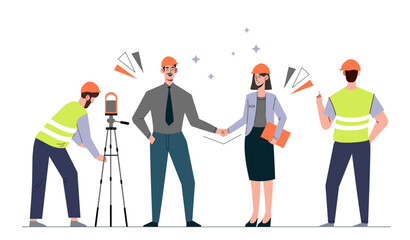 Obraz premium People discussing construction set. Man and woman in protective helmets build home or house. Engineers and workers with equipment. Cartoon flat vector collection isolated on white background