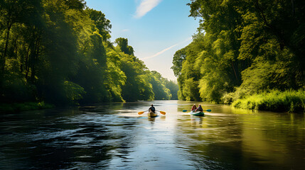 Fototapeta na wymiar A group of people kayaking on a river surrounded by lush summer greenery.