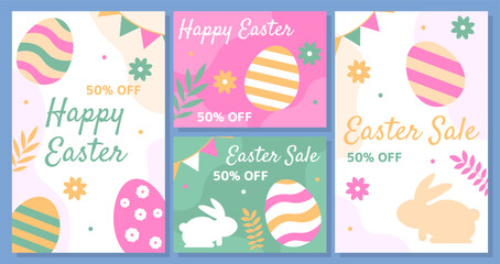 Easter banners set. Traditional spring festival and holiday. Colorful eggs and bunny ears. Covers or banners for website. Cartoon flat vector collection isolated on green background