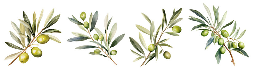 Branch with leaves and olives, watercolor set