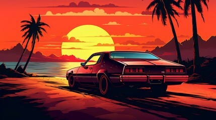 Vintage car with sunset on the beach