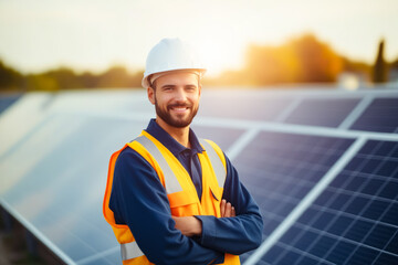 Man in hard hat and safety vest standing in front of solar panel.