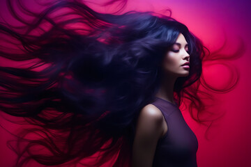 Woman with long hair blowing in the wind with red background.