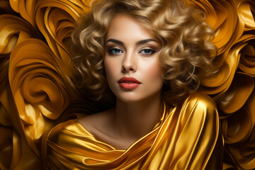 Woman with golden dress and golden scarf.