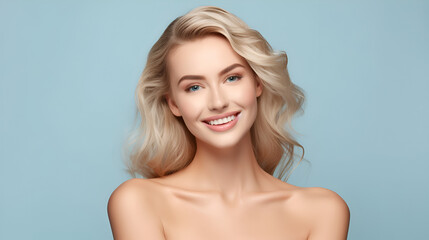 Smiling young and beautiful blonde woman with glowing and smooth skin and straight, beautiful and white teeth. Beauty, skin care, hair and cosmetics model. Blue background. Generative AI.