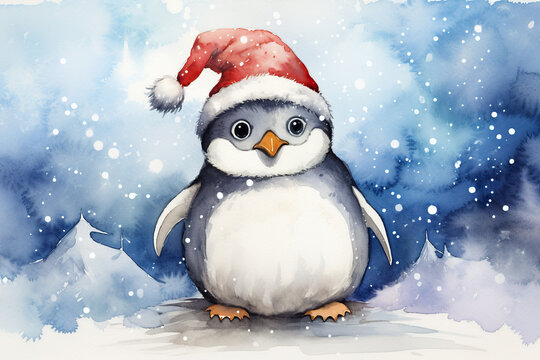 Watercolor illustration of a cute penguin wearing santa hat. 