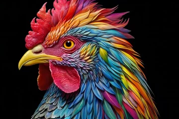 Fotobehang Close-up of a chicken head with colorful feathers on a dark background © DK_2020