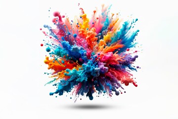 a colorful paint explosion splattering in all directions on a white background. Very vibrant and energetic

